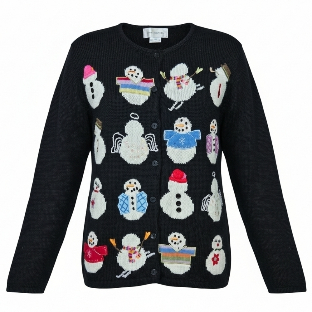NEW Susan Bristol Embellished Beaded Snowmen Black Cardigan Sweater Medium